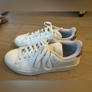 Women’s Adidas Advantage White Leather Sneakers with Animal Print Detail